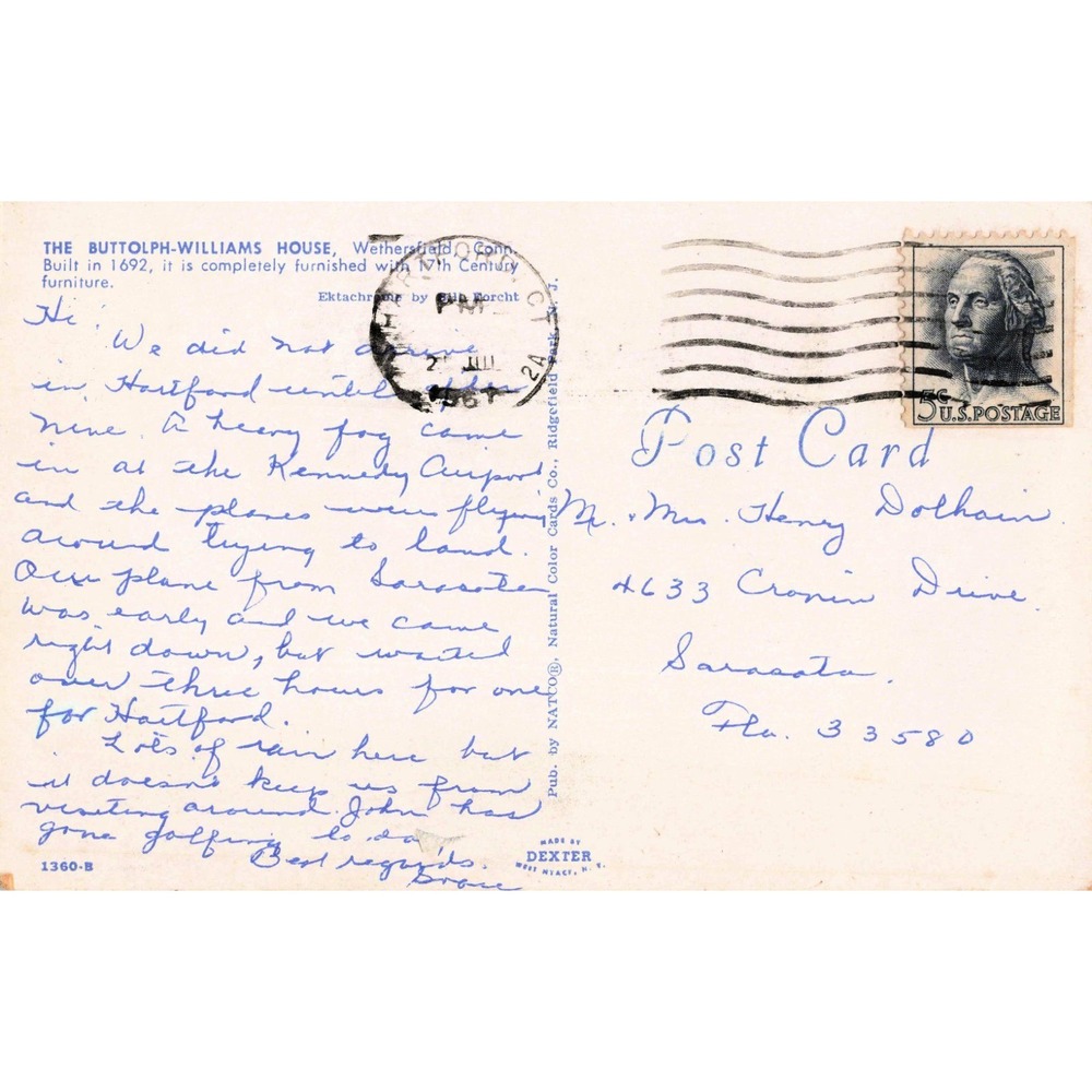 Vintage Buttolph-Williams House Postcard Wethersfield CT 1692 Historic Home 1960 - Picture 2 of 2